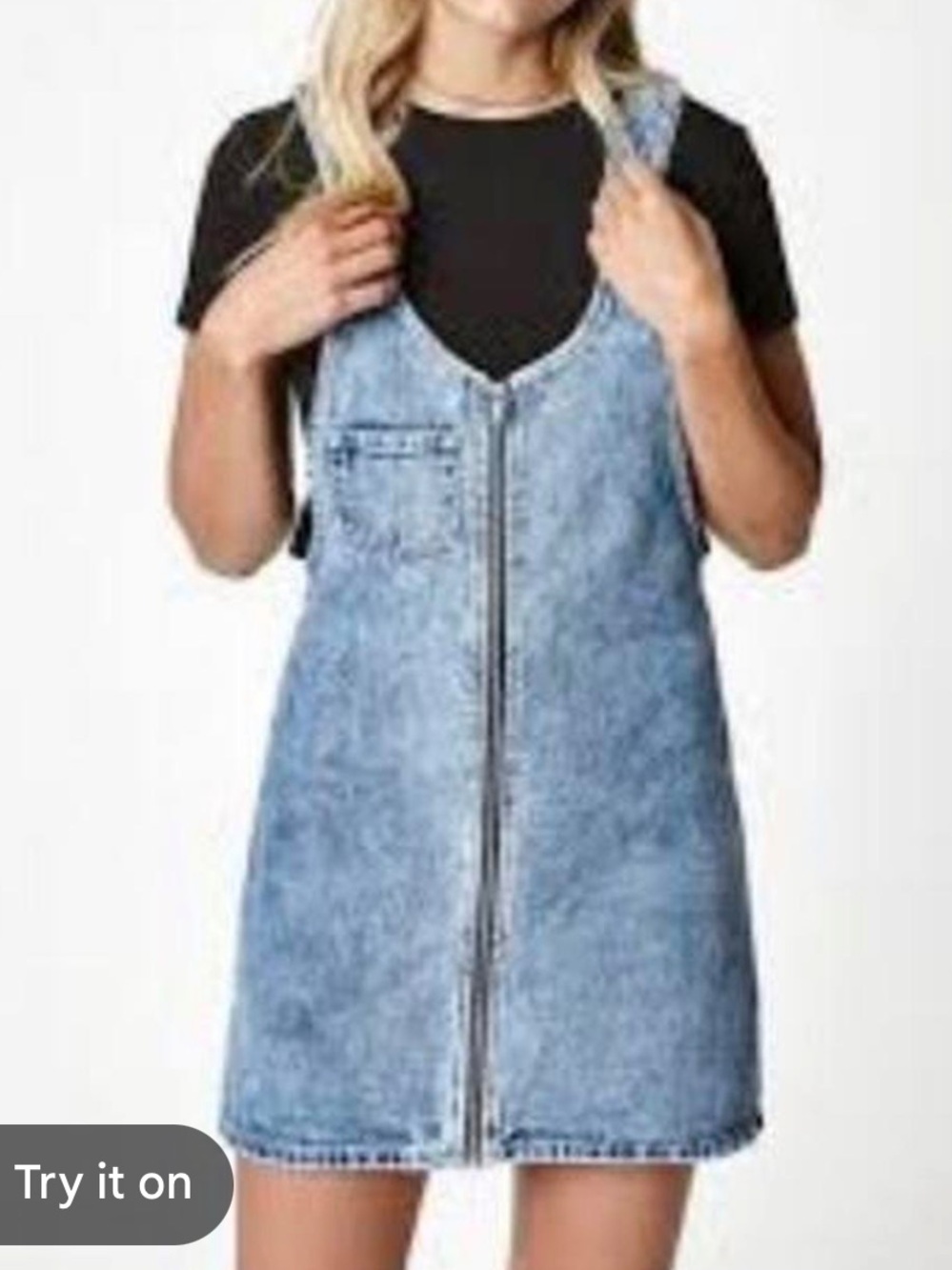 PacSun denim mini jumper dress with adjustable straps and a front zipper closure